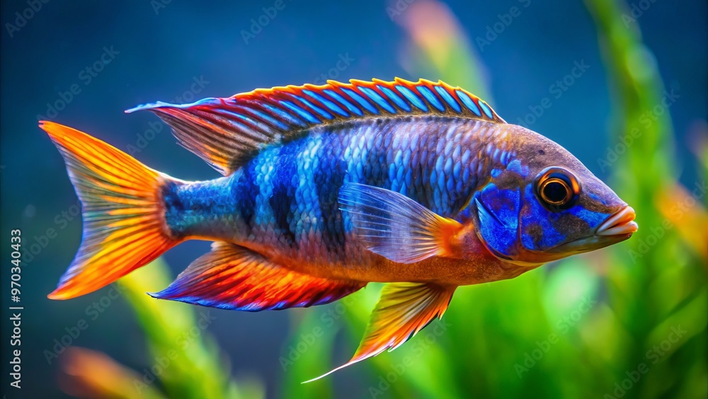 A haplochromis moorii cichlid glides effortlessly in blue waters, showcasing its vibrant orange and blue coloration in A haplochromis moorii cichlid glides effortlessly in blue waters, showcasing its vibrant orange and blue coloration in