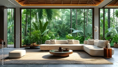 luxurious living room interior featuring tropical forest views and a travel tourism theme with innovative generative AI designs photo