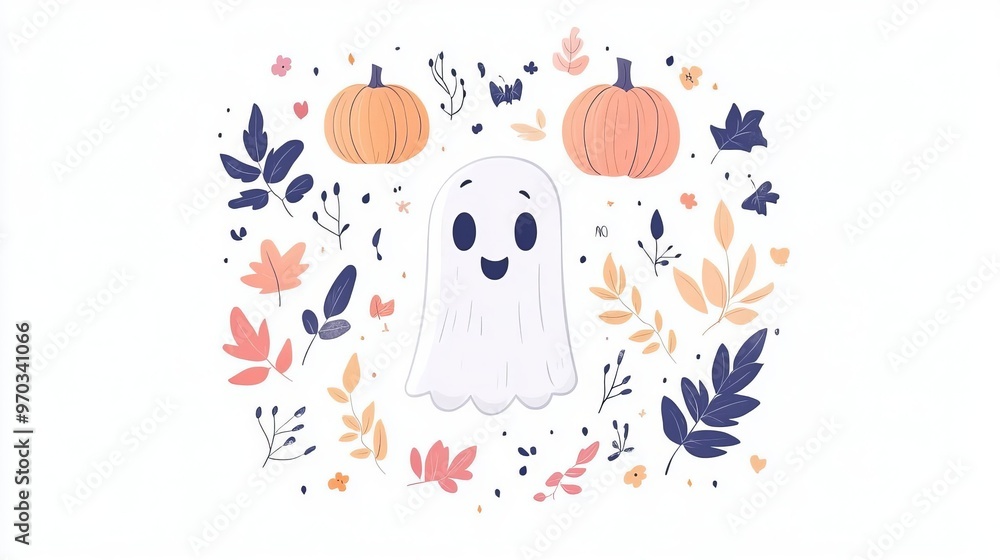 Fototapeta premium Cute Ghost with Pumpkins and Fall Leaves Illustration
