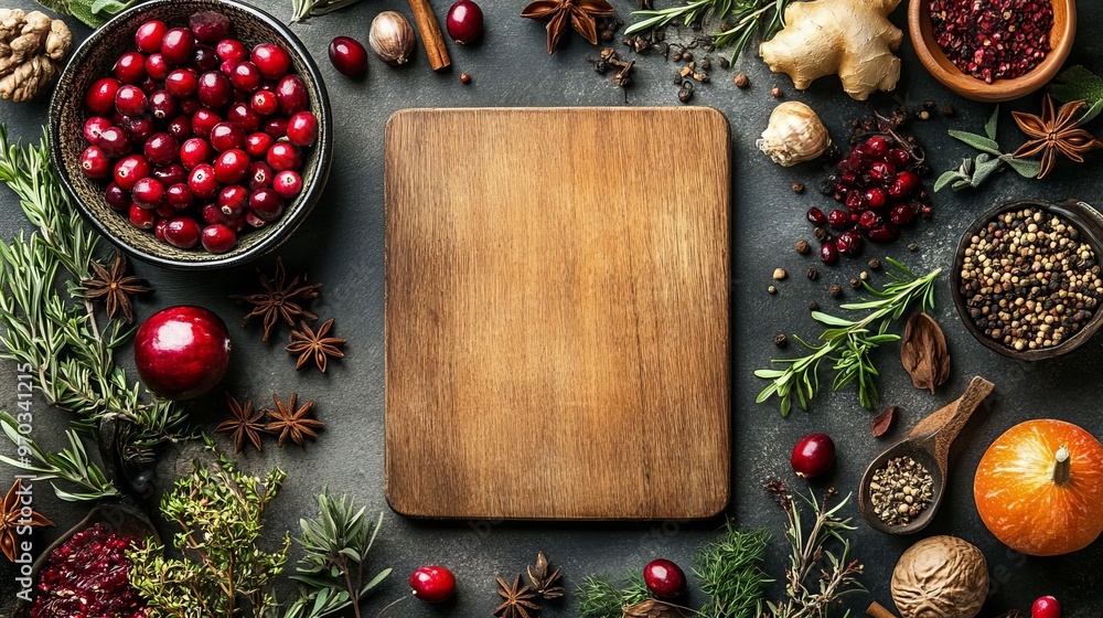 Fototapeta premium Cranberries Spices and Herbs on Wooden Cutting Board