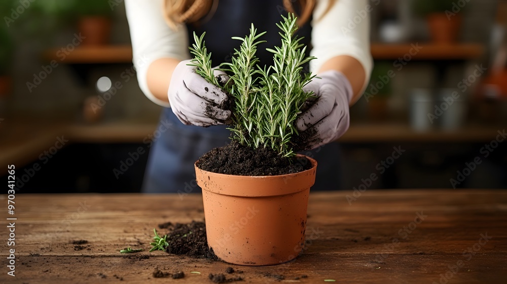 Transplanting Fresh Rosemary Plant into Ceramic Pot on Wooden Table with Careful Attention Transplanting Fresh Rosemary Plant into Ceramic Pot on Wooden Table with Careful Attention