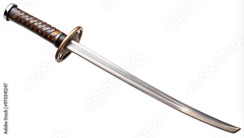 A majestic metallic katana sword, adorned with a supple leather hilt, gleams against a crisp white backdrop, exuding