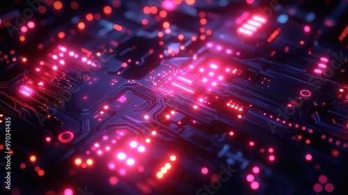 Close-up of a futuristic circuit board with glowing pink lines and dots, representing technology and innovation.