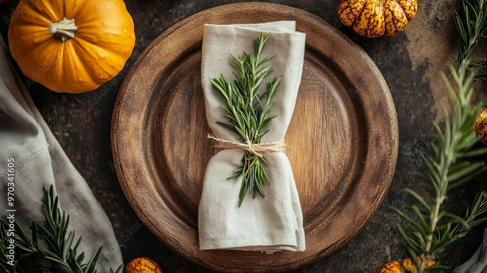Rustic Thanksgiving Table Setting with Rosemary and Pumpkins Rustic Thanksgiving Table Setting with Rosemary and Pumpkins