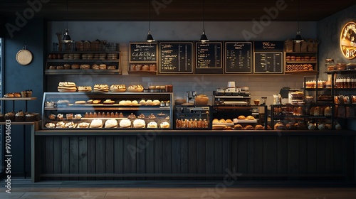 A 3D bakery counter with a glowing menu board, representing the heart of a bakery business
