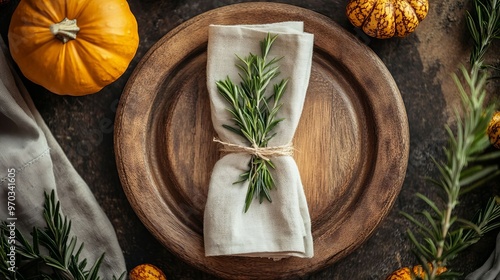 Rustic Thanksgiving Table Setting with Rosemary and Pumpkins