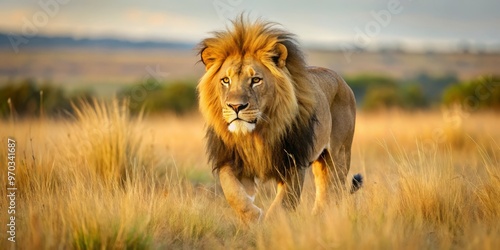 A majestic Transvaal lion strides through the sun-kissed savannah, its tawny coat blending seamlessly with the golden photo