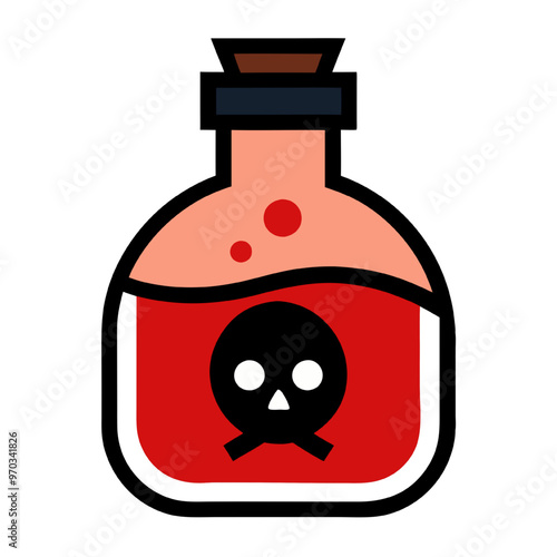 Poison Potion Icon: A flat-style illustration of a red potion bottle with a skull and crossbones, perfect for Halloween, horror, or fantasy themes.  