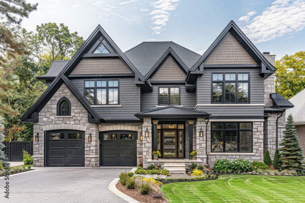Modern two-story gothic style home with gray paneling, black trim, stone accents, large windows, and spacious front yard in suburban setting. Modern two-story gothic style home with gray paneling, black trim, stone accents, large windows, and spacious front yard in suburban setting.