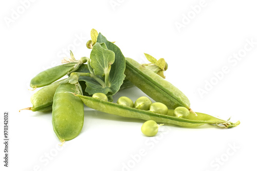 Fresh green peas in and out of pods isolated on white background photo