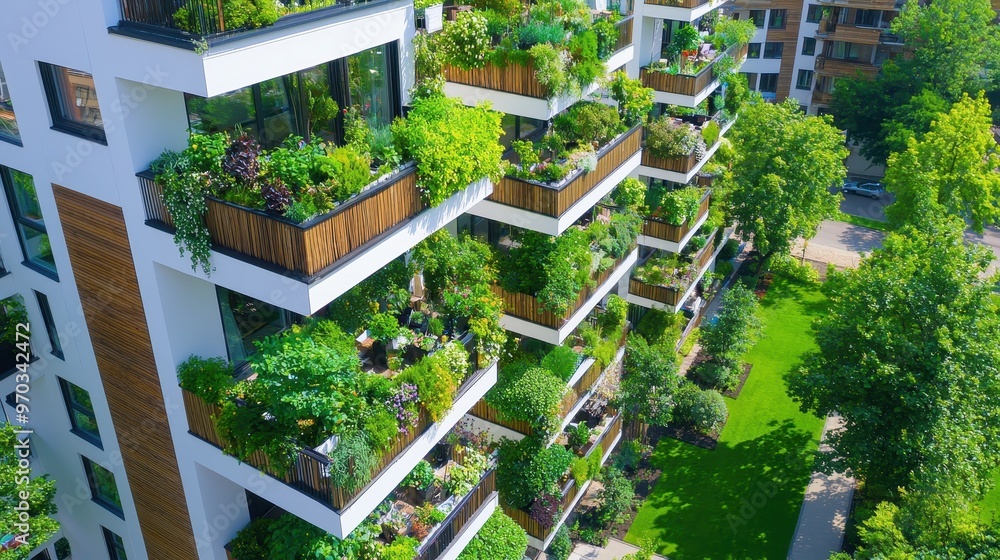 Modern Building with Green Balconies and Rooftop Gardens Modern Building with Green Balconies and Rooftop Gardens