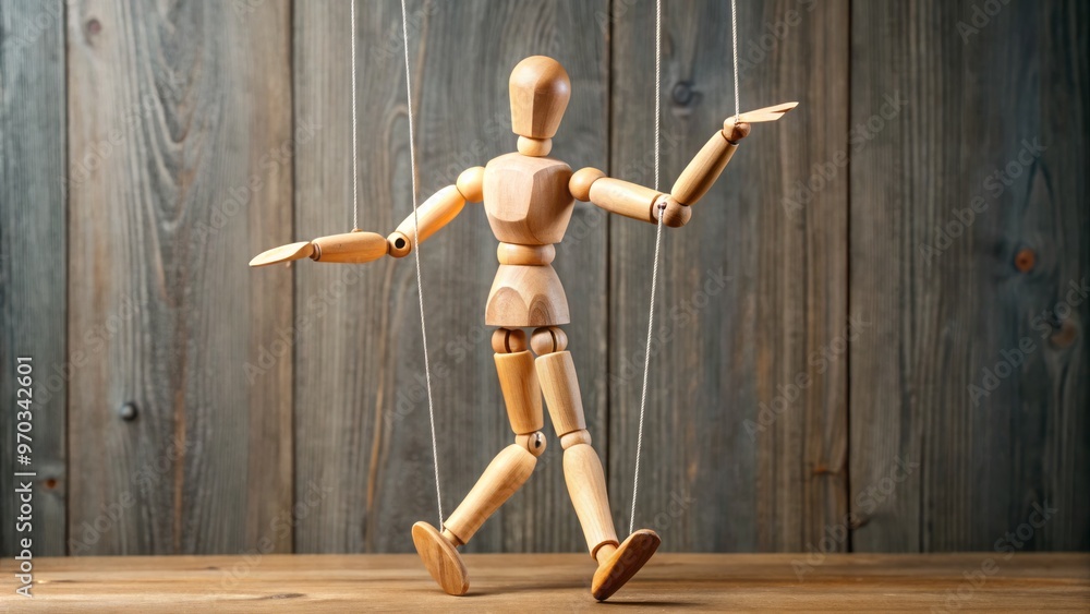 A nostalgic wooden puppet hangs suspended, its limbs flexing with every gentle tug of the strings as it A nostalgic wooden puppet hangs suspended, its limbs flexing with every gentle tug of the strings as it