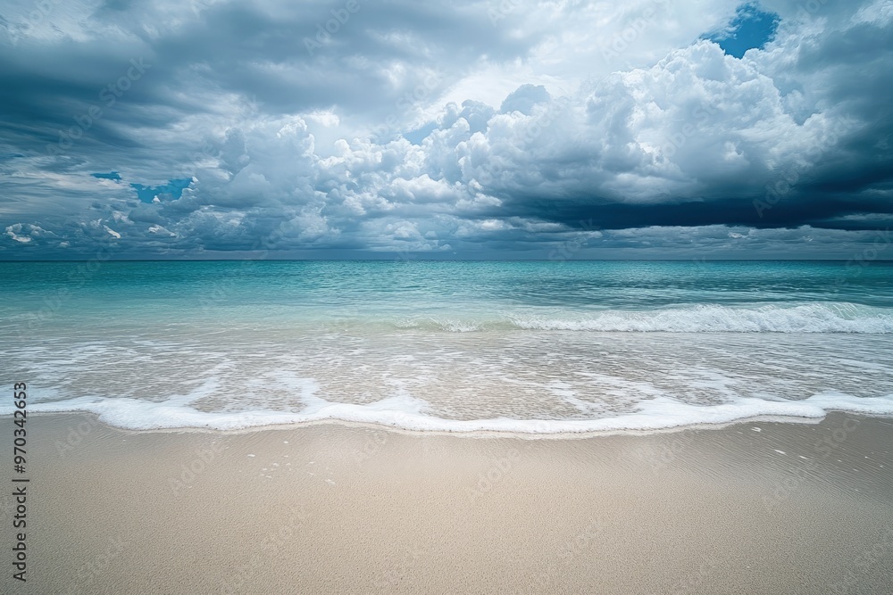 sea and cloudy sky with beach sand in the foreground , ai sea and cloudy sky with beach sand in the foreground , ai