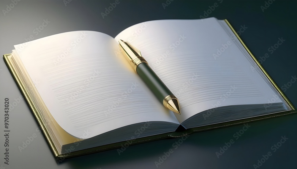 3D rendering of an open notebook with blank pages and a pen ready for writing. 3D rendering of an open notebook with blank pages and a pen ready for writing.