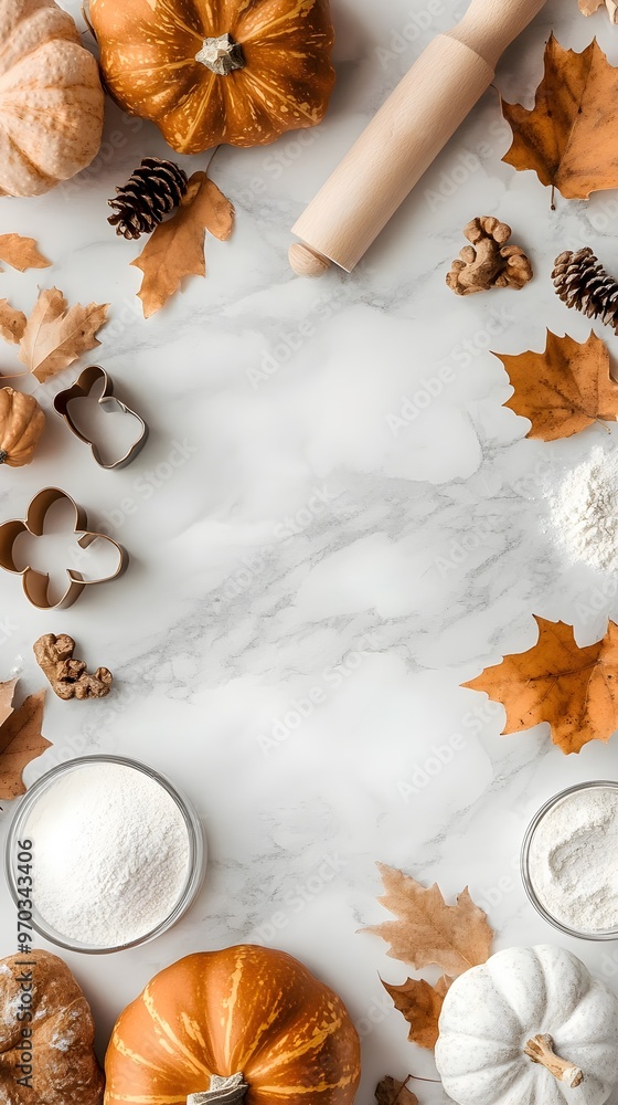 Fall Baking with Pumpkins Flour and Cookie Cutters on Marble Fall Baking with Pumpkins Flour and Cookie Cutters on Marble