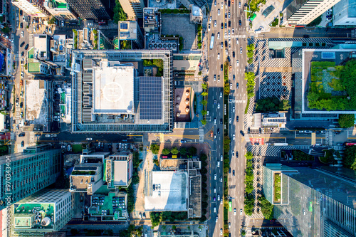 Seocho-gu, Seoul, South Korea - August 3, 2019: Aerial and top angle view of high rise buildings and cars on Seocho-daero Road