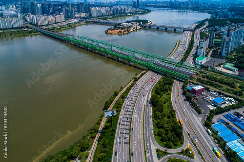 Dongjak-gu, Seoul, South Korea - August 3, 2019: Aerial view of Hangang Steel Bridge and Olympic boulevard with the background of Nodeul Island and Hangang Bridge on Han River