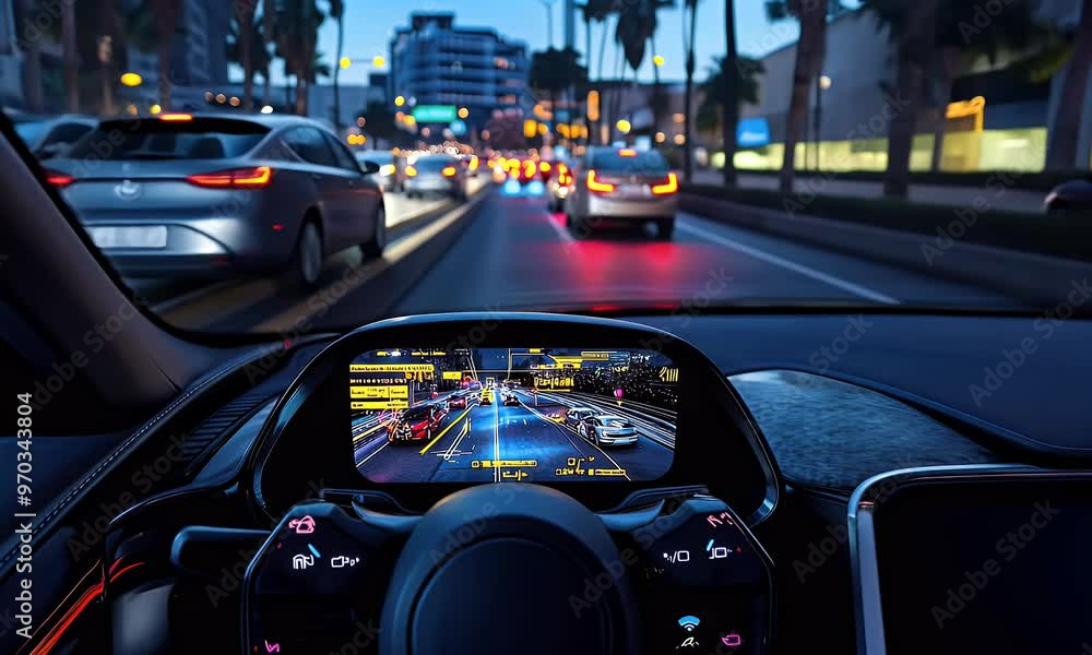 A view from the interior of a modern car showcasing a high-tech dashboard and city lights. A view from the interior of a modern car showcasing a high-tech dashboard and city lights.
