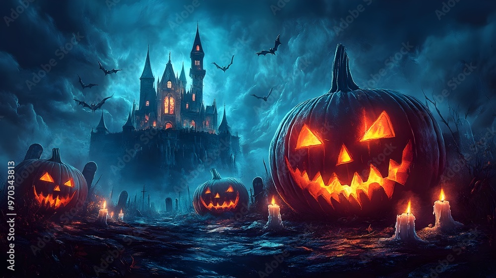 Halloween Haunted Castle with Jack o Lanterns and Bats Halloween Haunted Castle with Jack o Lanterns and Bats