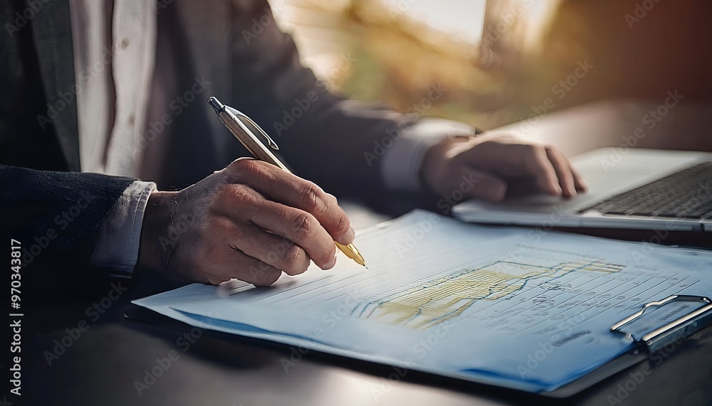 Close-up of a businessman writing a signed contract in a company meeting in the office. Close-up of a businessman writing a signed contract in a company meeting in the office.