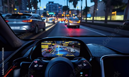 Wallpaper Mural A view from the interior of a modern car showcasing a high-tech dashboard and city lights. Torontodigital.ca