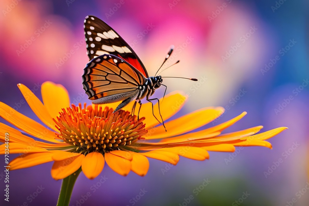 Close-up of a vibrant butterfly perched on a colorful flower Close-up of a vibrant butterfly perched on a colorful flower