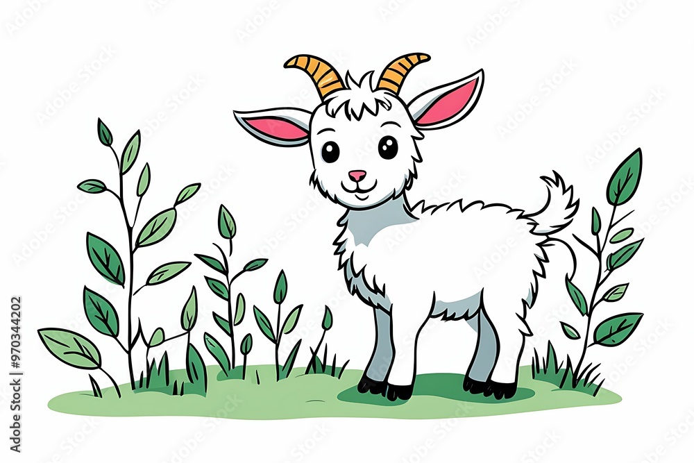Cartoon Illustration of a White Goat Standing in Grass Cartoon Illustration of a White Goat Standing in Grass