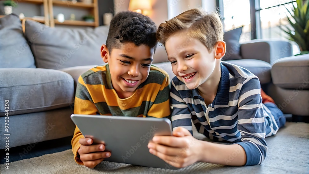 Two Boys Using a Tablet Together. Two Boys Using a Tablet Together.