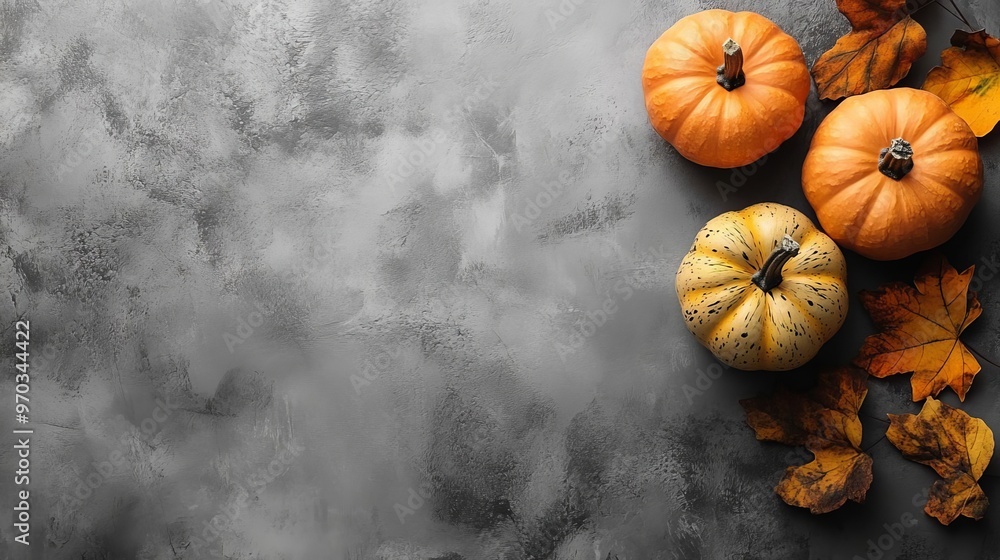 Autumn Pumpkins and Leaves on Grey Background Autumn Pumpkins and Leaves on Grey Background