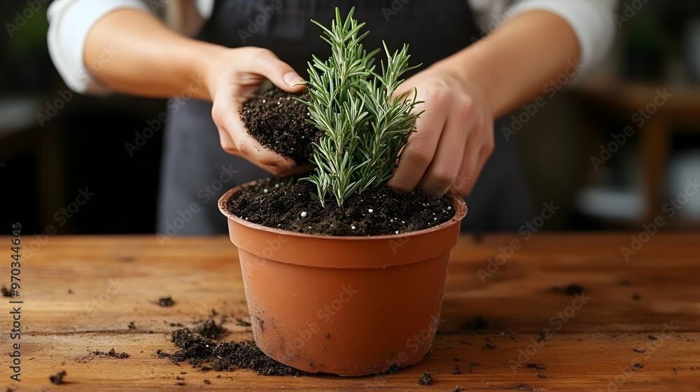 Close up of Woman s Hands Transplanting Rosemary Herb into Pot on Wooden Table Close up of Woman s Hands Transplanting Rosemary Herb into Pot on Wooden Table