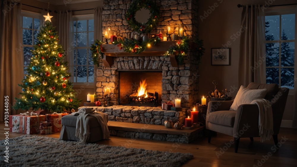 Obraz premium A magical Christmas storybook scene with a decorated tree, festive lights, and a cozy fireplace.