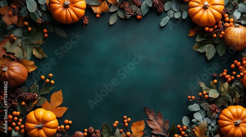 Autumn Leaves and Pumpkins Frame on Teal Background