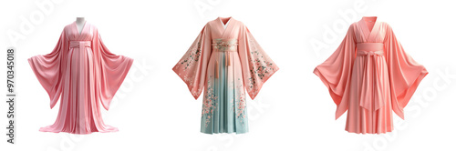 Beautiful Traditional Kimonos in Soft Pastel Tones and Floral Designs photo