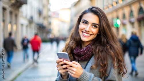 Happy woman using smartphone in city.