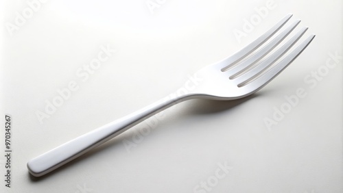 A slender white fork stands upright on a plain, isolated background, its tines pointed neatly to the left