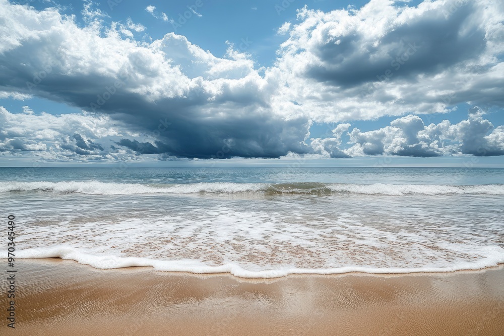 sea and cloudy sky with beach sand in the foreground , ai sea and cloudy sky with beach sand in the foreground , ai