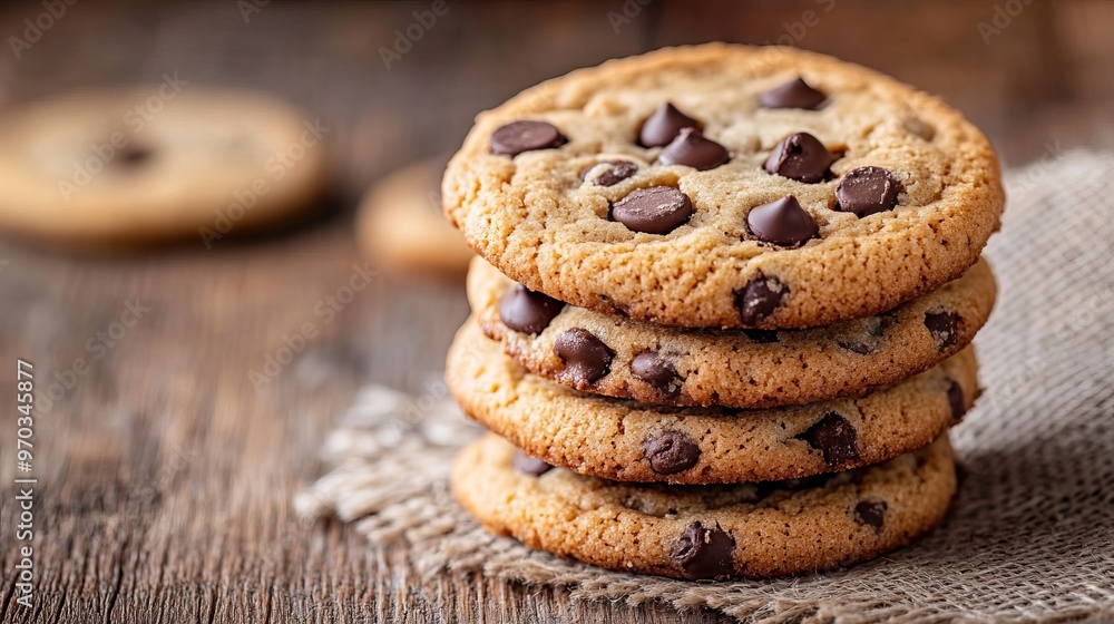 Close Up Stack of Chocolate Chip Cookies on Rustic Wooden Table Close Up Stack of Chocolate Chip Cookies on Rustic Wooden Table