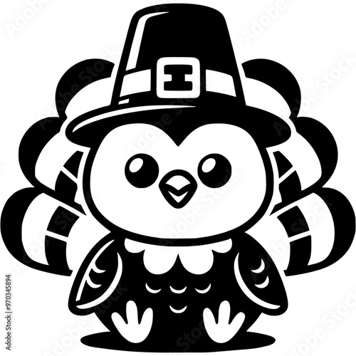 Funny thanksgiving turkey sitting with a pilgrim hat on his head in monochrome. Simple minimalistic vector in black ink drawing on transparent background