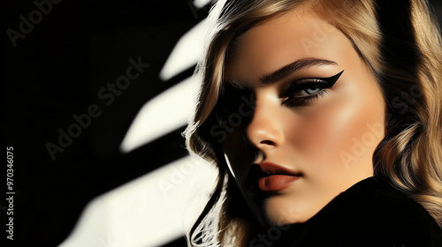 Elegant close-up portrait of a woman in dramatic lighting with bold winged eyeliner, sharp focus on her face, and shadow play. Ideal for beauty, fashion, makeup ads, and luxury brand promotions