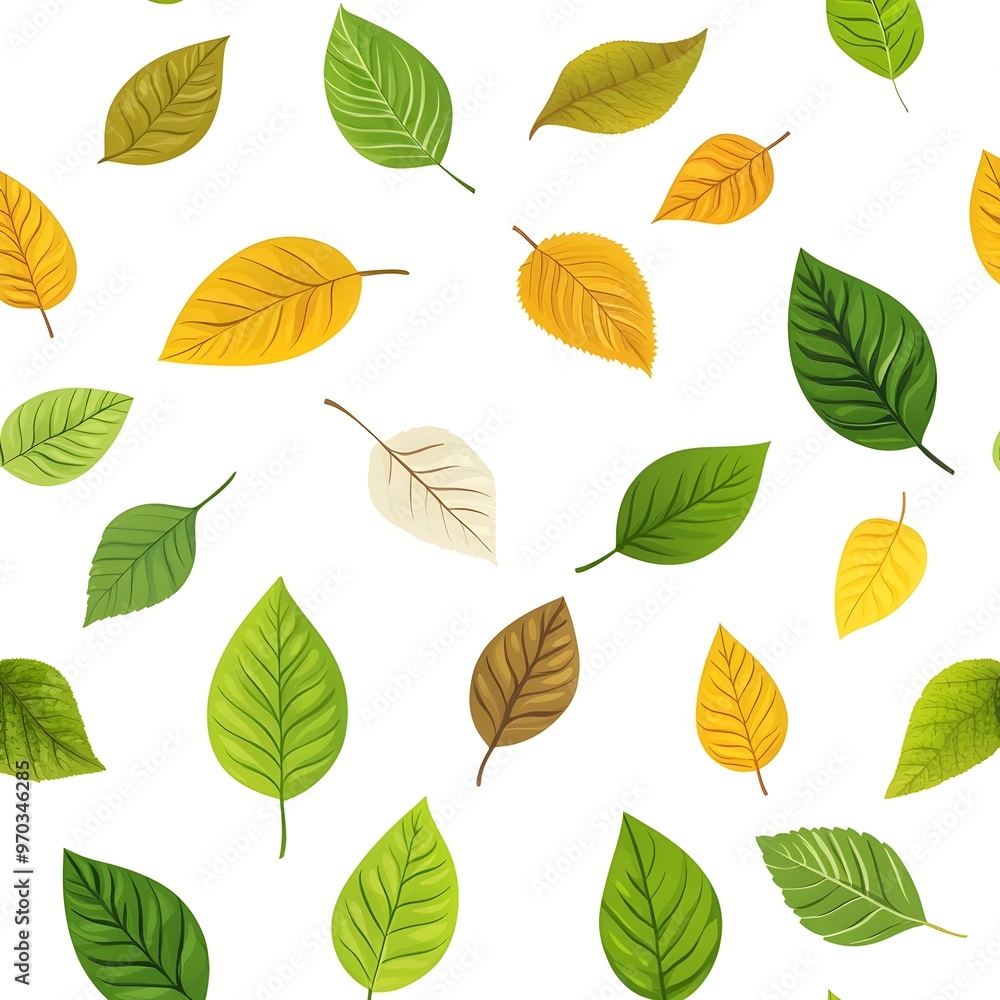 Obraz premium Seamless pattern with fresh and vibrant assortment of natural leaves on a clean white background