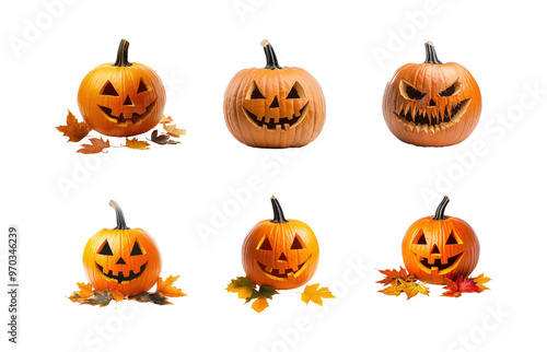 Collection of Halloween pumpkin Jack O'Lantern with leaves isolate on transparency background