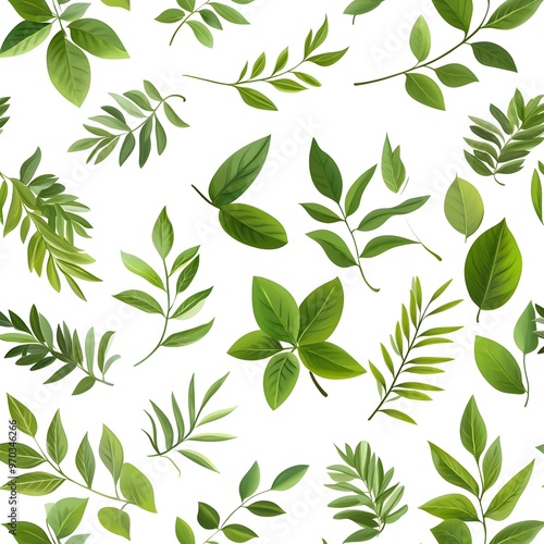 Seamless Pattern of Fresh and Vibrant Leaves on White Background