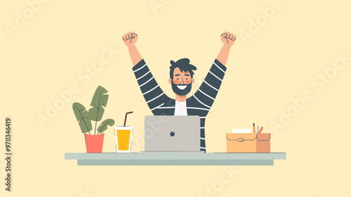 A cheerful man sitting at a desk, raising his arms in excitement while working on a laptop. The workspace includes a plant, a drink, and office supplies, creating a positive work environment