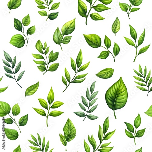 Seamless Natural Foliage Pattern with Vibrant Green Leaves on White Background