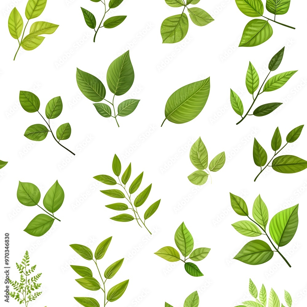 Seamless Pattern of Diverse Lush Green Leaves on Plain White Background Seamless Pattern of Diverse Lush Green Leaves on Plain White Background