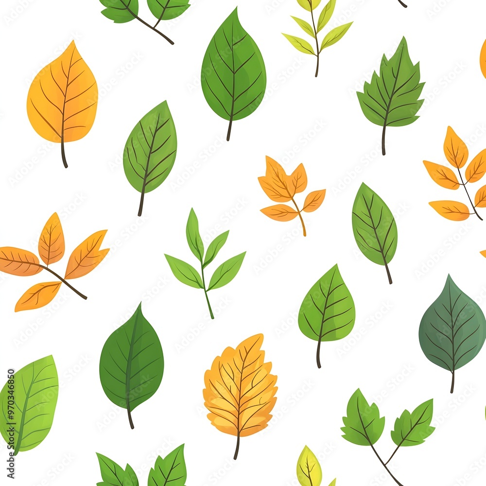 Vibrant Foliage Pattern with Diverse Botanical Leaves on White Background Vibrant Foliage Pattern with Diverse Botanical Leaves on White Background