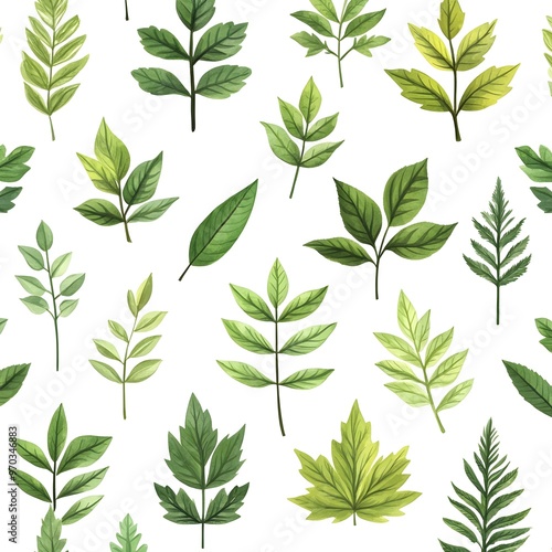 Serene and Lush Natural Foliage Seamless Pattern on White Background