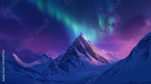 Mountain peak under aurora borealis with starry