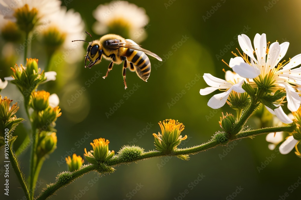 Detailed view of a honeybee collecting nectar from a blooming blossom Detailed view of a honeybee collecting nectar from a blooming blossom