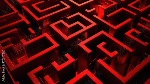 A complex red maze structure with intricate pathways and sharp angles, evoking a sense of challenge and exploration. photo